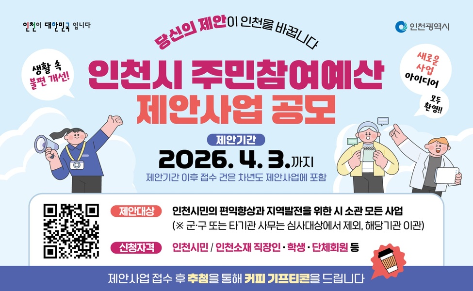 □ 공모 개요
○ 제안대상 : 市 소관사무 중 인천시민의 편익 향상과 지역 발전을 위한 모든 사업
○ 접수기간 : 2026. 4. 3.(금) 까지(※이후 접수 건은 차년도 제안사업에 포함)
○ 신청자격 : 인천시민, 인천소재 직장인‧학생‧단체회원 등 
○ 제안방법 : (온라인) 인천시 주민참여예산 홈페이지 접속 후 사업제안신청
               (우  편) 21554, 인천시 남동구 정각로 29(구월동), 예산담당관실 제출 
                (팩  스) 032-440-8632 제출 
              ※우편, 팩스 접수 시 주민참여예산 홈페이지 공지사항의 신청서 서식 사용
   [참여 링크]  https://www.incheon.go.kr/budget/BUD020101
○ 제안 접수자 중 추첨을 통해 소정의 기프티콘을 드립니다
○ 문의전화 : 인천광역시 예산담당관 ☎440-2244