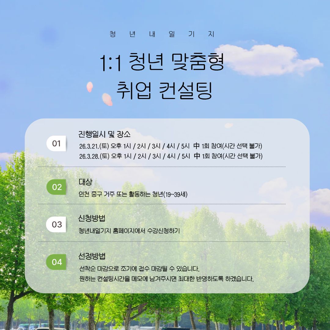 <프로그램 안내>

○ 일시: 3월 21일(토) 오후 1시/2시/3시/4시/5시 

             3월 28일(토) 오후 1시/2시/3시/4시/5시

             中 1회(1시간) 참여(메모에 원하시는 시간 남겨주시면 최대한 반영하겠습니다.)

○ 대상: 취업 컨설팅이 필요한 인천 청년(19세~39세) (중구 거주 또는 활동 청년 우선)

○ 신청기간: 2026.1.28.(목)~3.12.(목) (접수인원 미달 시 신청 기간을 연장할 수 있습니다)

○ 컨설팅 시간: 1인당 1시간

○ 선정인원: 10명

○ 장소: 인천 중구 청년내일기지

○ 비용: 무료

 

<프로그램 시간>

3월 21일(토) 1~5회차로 나누어 진행됩니다.

1회차: 13:00~13:50(50분)

2회차: 14:00~14:50(50분)

3회차: 15:00~15:50(50분)

4회차: 16:00~16:50(50분)

5회차: 17:00~17:50(50분)

 

3월 28일(토) 1~5회차로 나누어 진행됩니다.

1회차: 13:00~13:50(50분)

2회차: 14:00~14:50(50분)

3회차: 15:00~15:50(50분)

4회차: 16:00~16:50(50분)

5회차: 17:00~17:50(50분)

 

<신청 시 유의사항>

컨설팅은 진로 탐색, 이력서 및 자소서 리뷰, 취업 전략, 면접 준비 등 참여자가 원하는 주제로 진행됩니다.


 

<참여자 선정>

참여자 선정은 선착순 마감입니다.

3월 13일(금)에 선정되신 분들께 연락 예정입니다.

* 기관 사정으로 발표일이 변경될 수 있습니다.


※ 소수 인원으로 운영되는 만큼 당일 노쇼 또는 당일 취소 시 이후 모든 프로그램 참여 및 청년내일기지 이용이 제한됩니다.