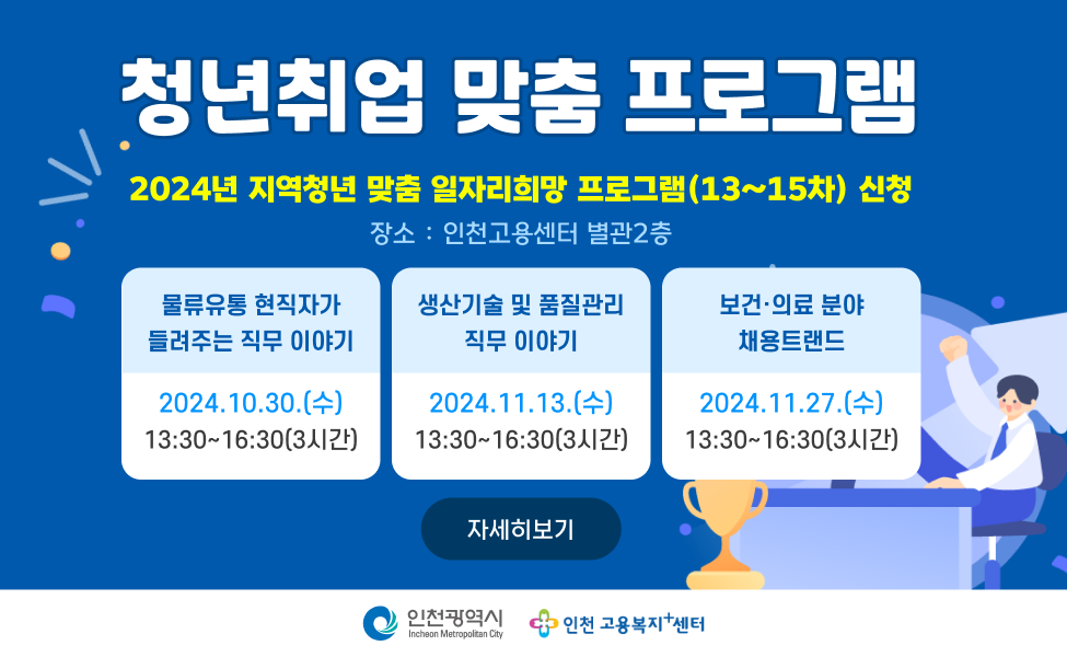 년취업 맞춤 프로그램
2024년 지역청년 맞춤 일자리희망 프로그램(13~15차) 신청

일시
강의
장소
2024.10.30.(수) 13:30~16:30(3H)
물류유통 현직자가 들려주는 직무 이야기
인천고용센터 별관2층
2024.11.13.(수) 13:30~16:30(3H)
생산기술 및 품질관리 직무 이야기
2024.11.27.(수) 13:30~16:30(3H)
보건·의료 분야 채용트랜드
<자세히 보기>
인천광역시 / 인천고용복지센터

