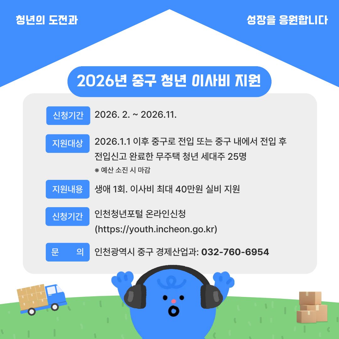 신청기간: 26.2~26.11
지원대상: 2026.1.1 이후 중구로 전입 또는 중구 내에서 전입 후 전입신고 완료한 무주택 청년 세대주 25명 ※ 예산 소진 시 마감
지원내용: 생애 1회. 이사비 최대 40만원 실비 지원
신청방법: 인천청년포털 온라인신청 (https://youth.incheon.go.kr)
문의: 인천광역시 중구 경제산업과 032-760-6954