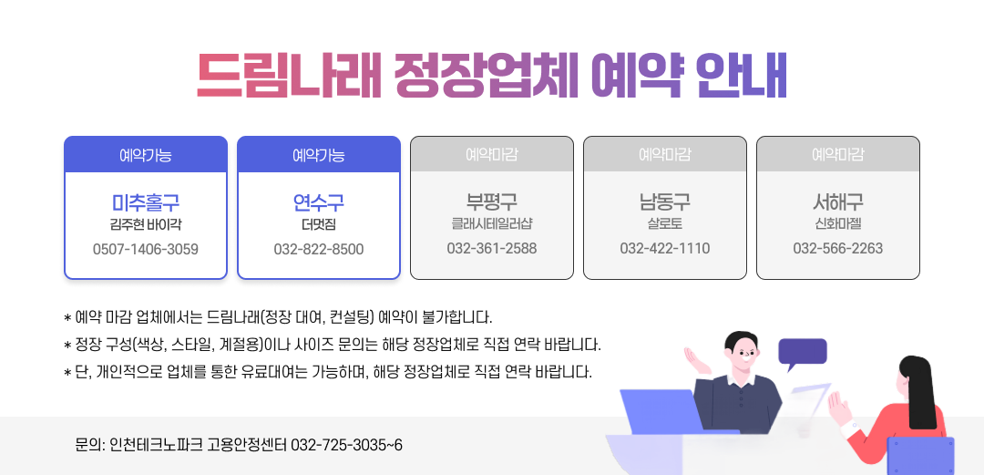 드림나래 정장업체 예약 안내 예약가능 예약가능 예약가능 예약마감 예약마감 미추홀구 김주현 바이각 0507-1406-3059 연수구 더멋짐 032-822-8500 부평구 클래시테일러샵 032-361-2588 남동구 살로토 032-422-1110 서해구 신화마젤 032-566-2263 * 예약 마감 업체에서는 드림나래(정장 대여, 컨설팅) 예약이 불가합니다. * 정장 구성(색상, 스타일, 계절용)이나 사이즈 문의는 해당 정장업체로 직접 연락 바랍니다. * 단, 개인적으로 업체를 통한 유료대여는 가능하며, 해당 정장업체로 직접 연락 바랍니다. 문의: 인천테크노파크 고용안정센터 032-725-3035~6